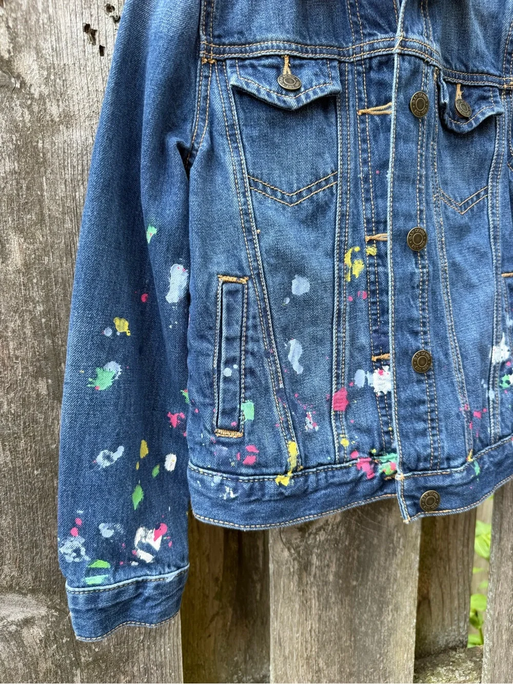 GAP Blue Denim Jacket with Artist back and Multicolor Paint Splatters